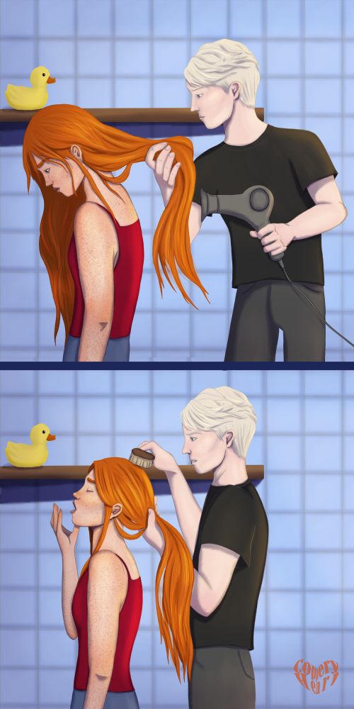 Draco (a tall white blond man) does Ginny's (a redheaded woman with freckles) hair. She's tired. The background is blue tile and a rubber duck.