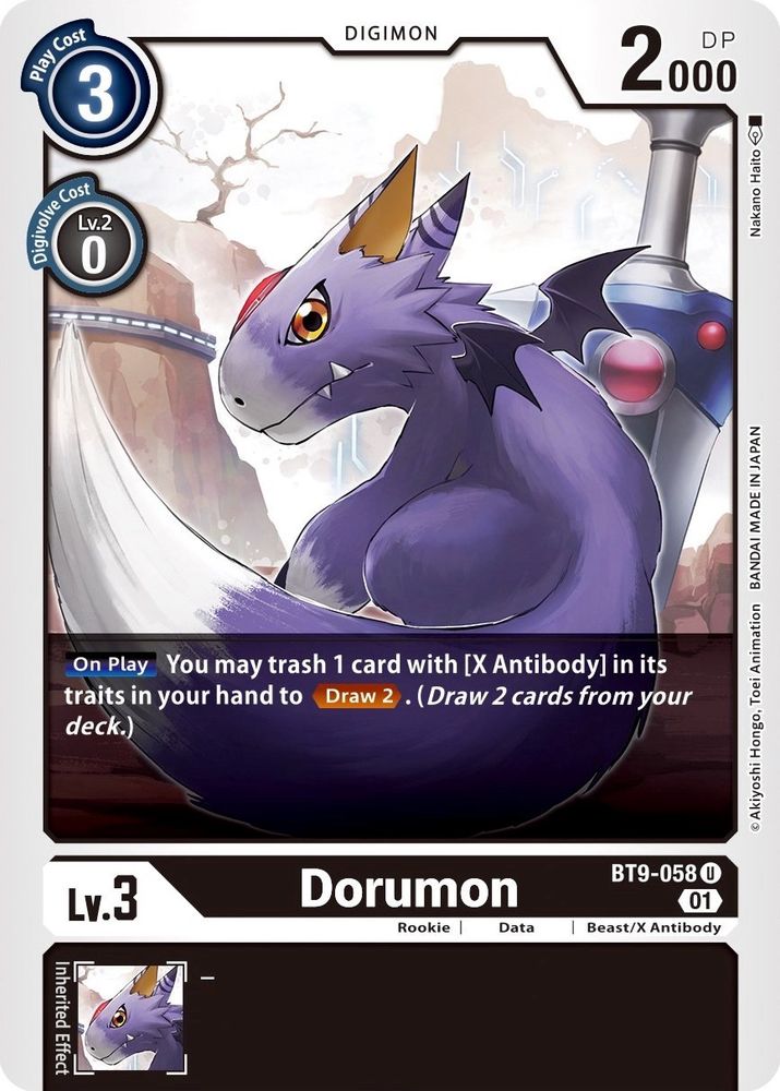 Dorumon card from the BT9 set. It is sitting with its head turned to the viewer with a menacing glare