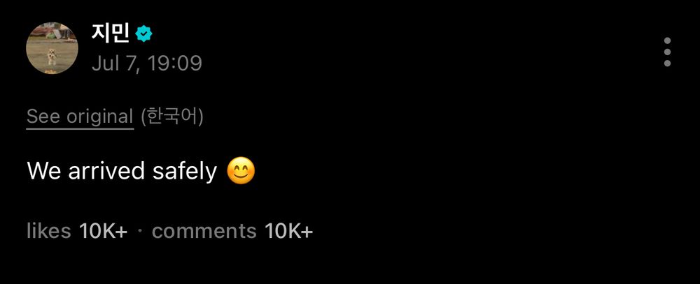 Post from Jimin on weverse that reads: we arrived safely 