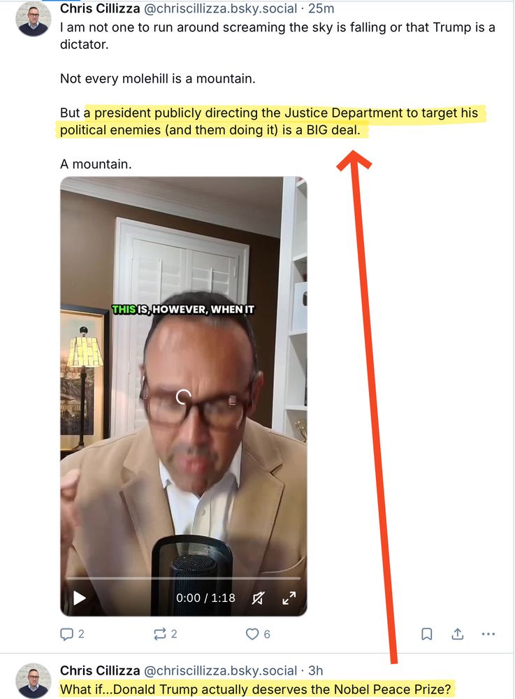 two and one half hours after posting a desperate plea for attention suggesting Donald Trump deserves the Nobel Peace Prize, feckless nitwit Chris Cillizza notes that Trump pis "publicly directing the Justice Department to target his political enemies." 
