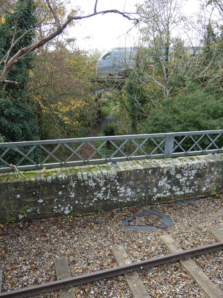 In the foreground is a restored short stretch of the Southwold Railway, passing over a bridge. In the background, framed by trees, a grey Greater Anglia train, 755336, passes over a bridge on the 12.06pm Lowestoft to Ipswich. No trespassing is involved, as this is a public path in Halesworth Millennium Green.