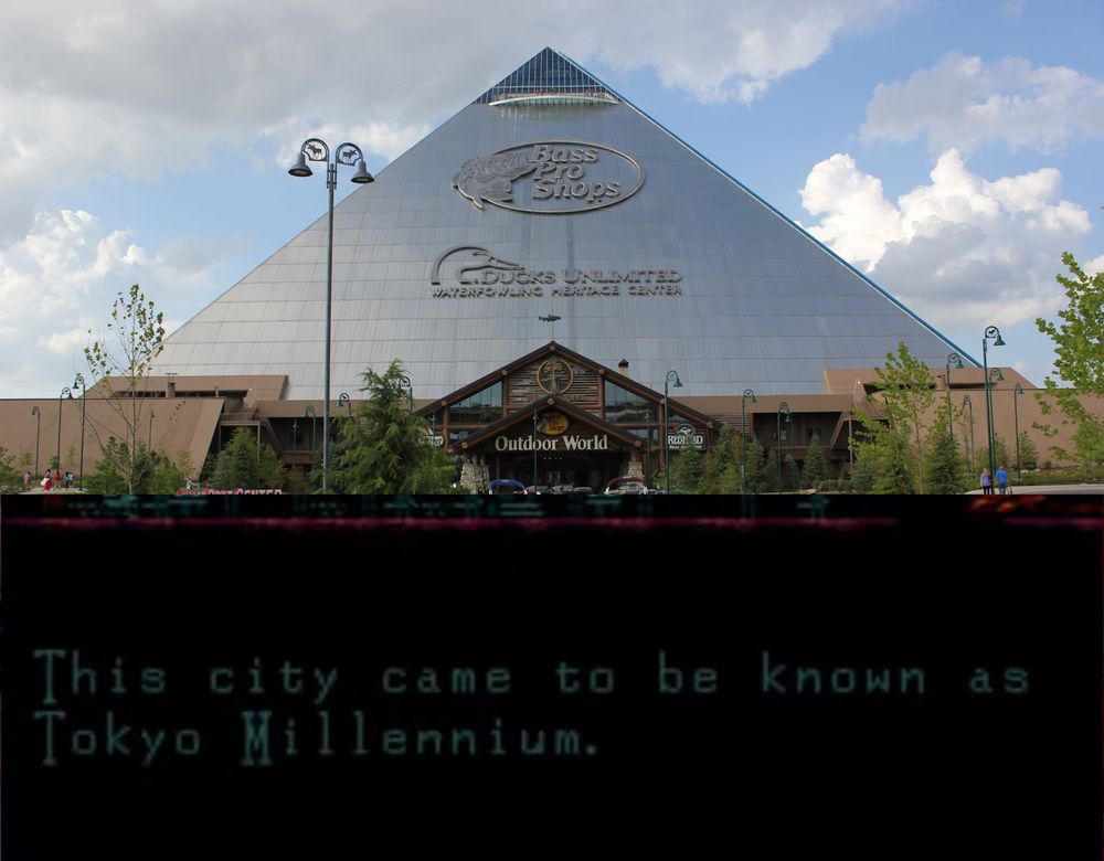 The Bass Pro Shops/Ducks Unlimited Pyramid photoshopped above the opening text crawl for Shin Megami Tensei II on the words "This city came to be known as Tokyo Millennium."