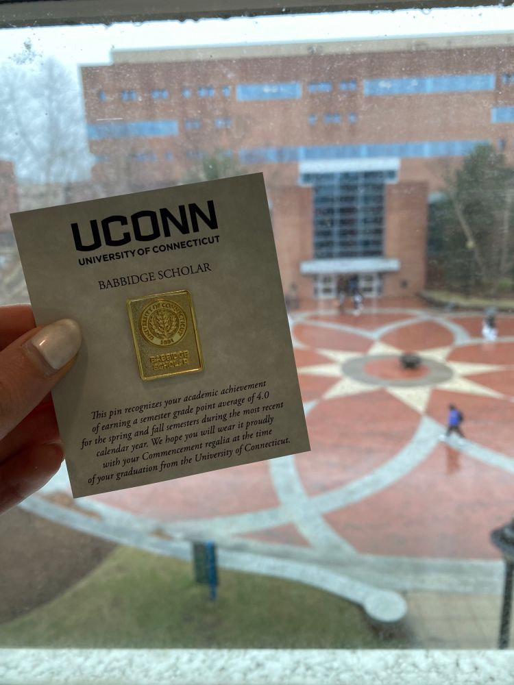 Babbidge Scholar pin held up with Homer Babbidge Library in the background 
