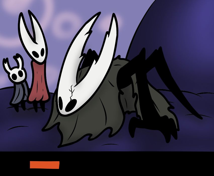 The Hollow Knight is down on all three of their limbs, animalistic. The Knight and Hornet look on blankly. The bottom of the panel where there would be speech in the meme is left completely blank.