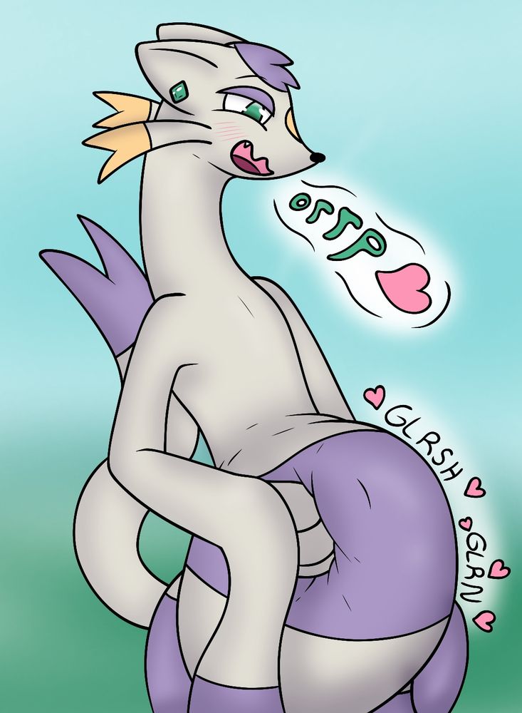 Chao, a standard Mienshao pokemon is leaning back and squishing his full belly as it gurgles. Hearts escape from his rounded stomach as he lets out a satisfied belch.