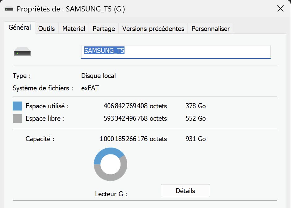 Capture d'écran des paramètres de mon disque dur externe : sur environ 1To, presque 400 Go sont utilisés