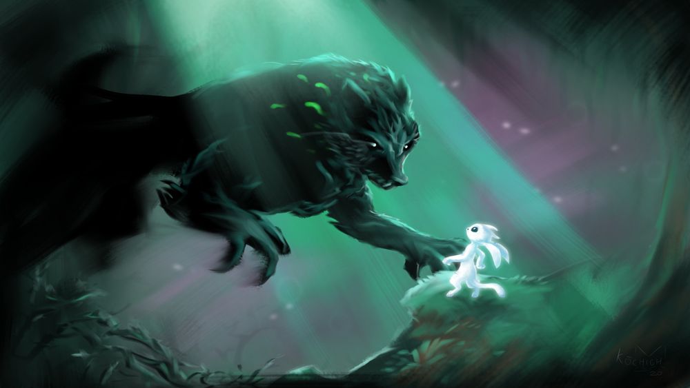 Painting of Ori standing face to face with Howl the wolf, who is currently in the process of leaping at the poor spirit. Made in 2020.