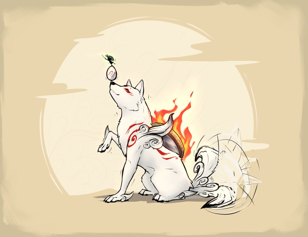 Drawing of Okami Amaterasu, balancing an egg on her nose, and Issun on top of the egg.