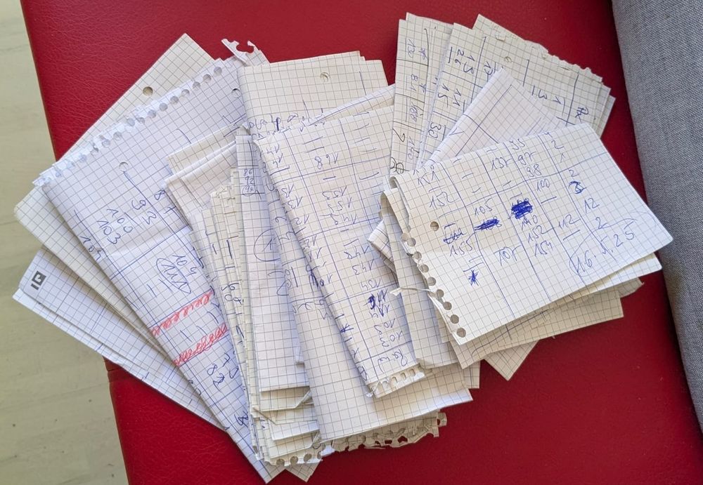 Auf weißem Papier sind Doppelkopfergebnisse der Spielrunden aufgeschrieben.
Sie sind mit Datum versehen und werden gesammelt.