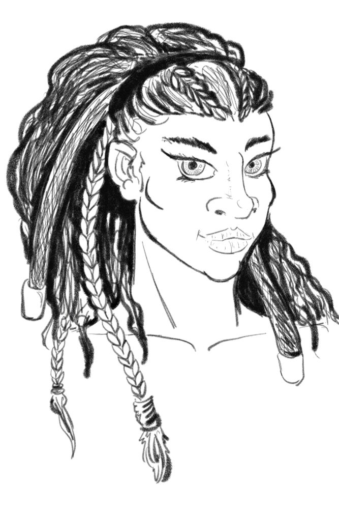 black and white digital portrait of a Black girl with big eyes and bold features, her hair a combination of natural, locs, and braids