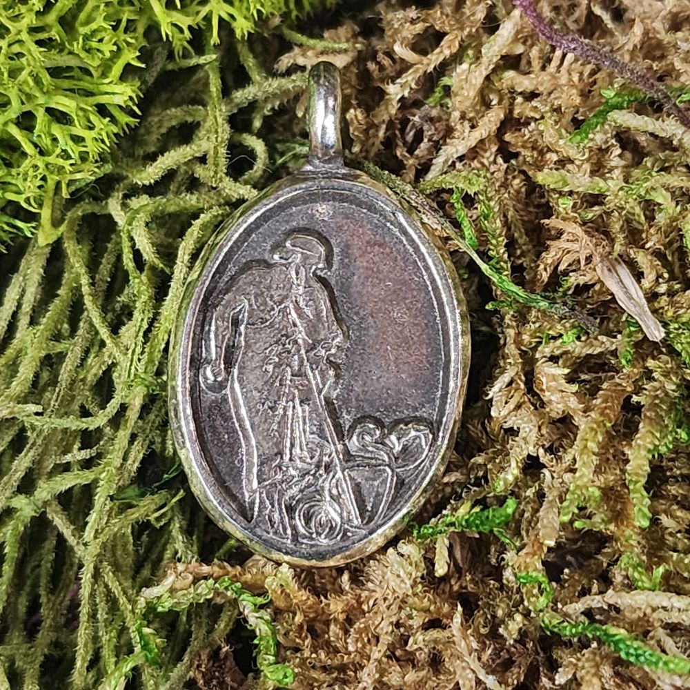 twofold tiresias in sterling silver, obverse (tiresias as a bearded sage, separating two mating snakes with his staff)