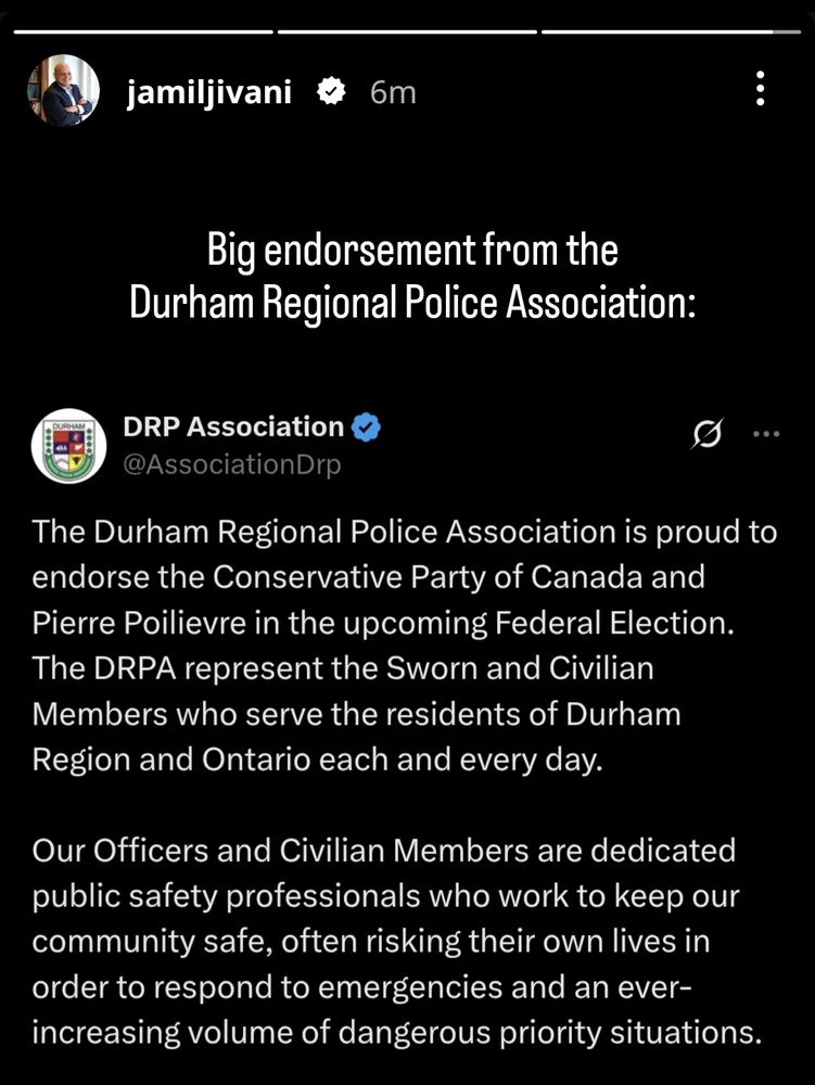 Screenshot of Jamil Jivani's Instagram story featuring a tweet from the Durham Regional Police Association. The tweet announces their endorsement of the Conservative Party of Canada and Pierre Poilievre in the upcoming Federal Election. It highlights the dedication of officers and civilian members in serving the residents of Durham Region and Ontario.