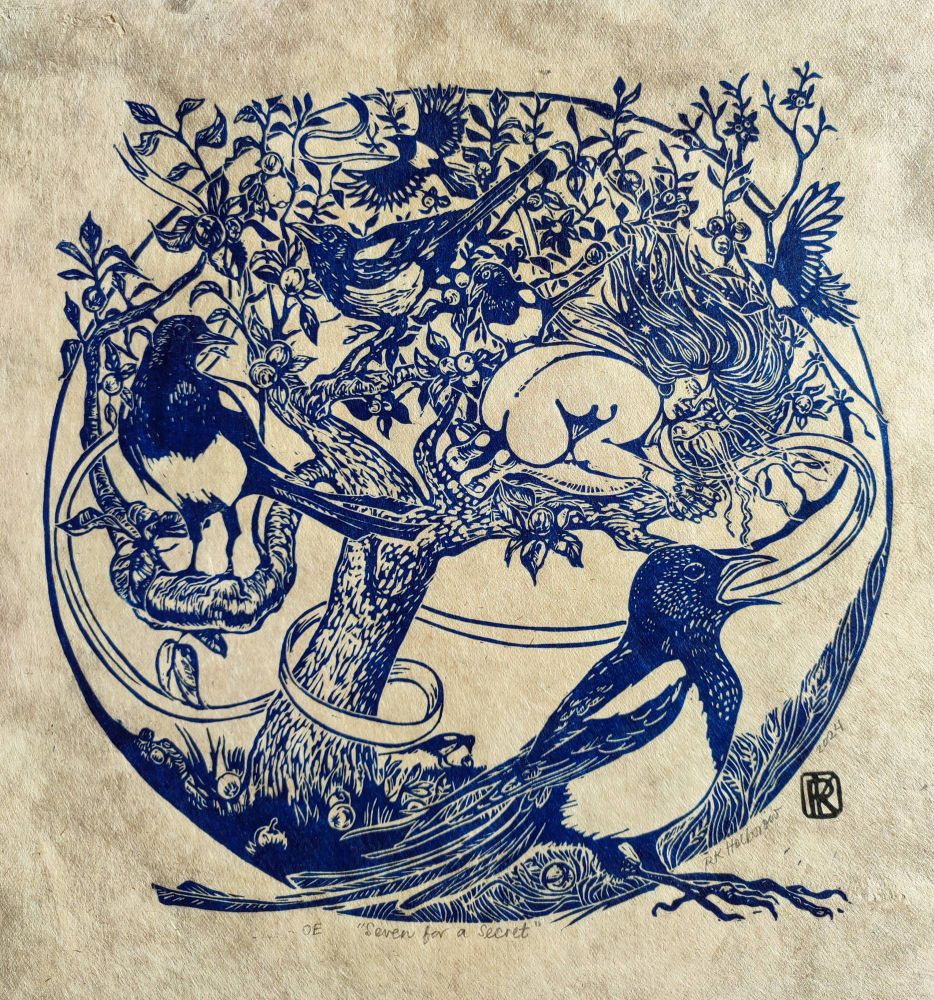 A lino print in blue on off white of an apple tree with Eve sleeping in the branches. Seven magpies guard her. Will she wake and eat the fruit of the knowledge of food and evil which surround her?