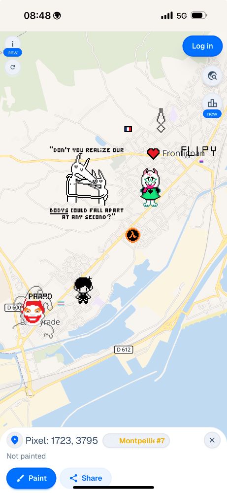 Captures d’écran de l’appli sur Frontignan, on peut voir des petits personnages Undertale, un Balatro en construction et les chiens gays de Car Seat Headrest