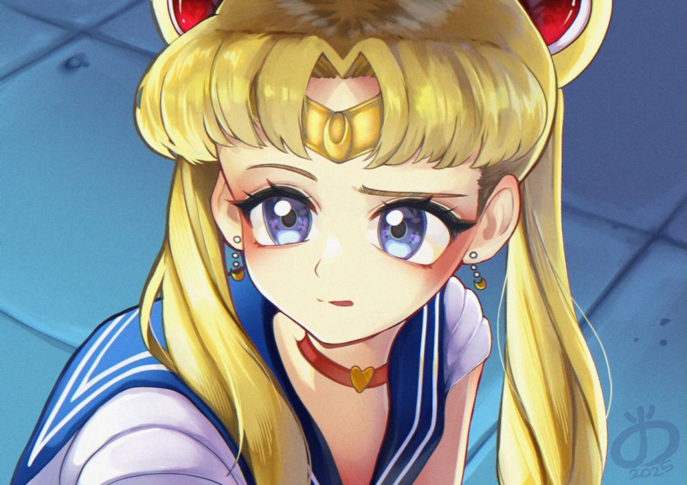 An anime-style illustration of a young girl with blonde hair styled in two buns and flowing pigtails. She has large, expressive blue eyes with a determined yet emotional expression. She wears a blue sailor-style outfit with a red choker featuring a heart pendant, along with a crescent moon headpiece on her forehead. 