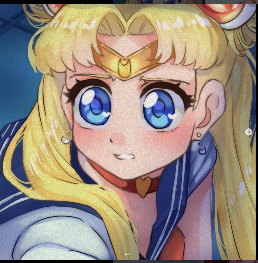 An anime-style illustration of a young girl with blonde hair styled in two buns and flowing pigtails. She has large, expressive blue eyes with a determined yet emotional expression. She wears a blue sailor-style outfit with a red choker featuring a heart pendant, along with a crescent moon headpiece on her forehead. 