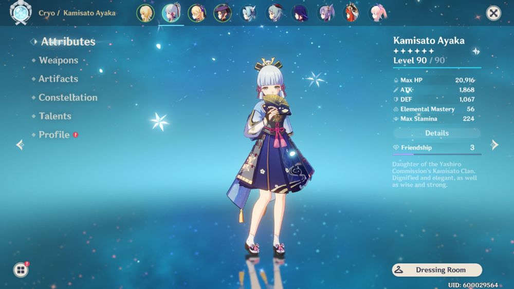 Kamisato Ayaka from Genshin Impact. A young woman in a blue dress holds a folding fan up to her face. She has light blue hair in a ponytail and is fluttering her eyes just over the fan.