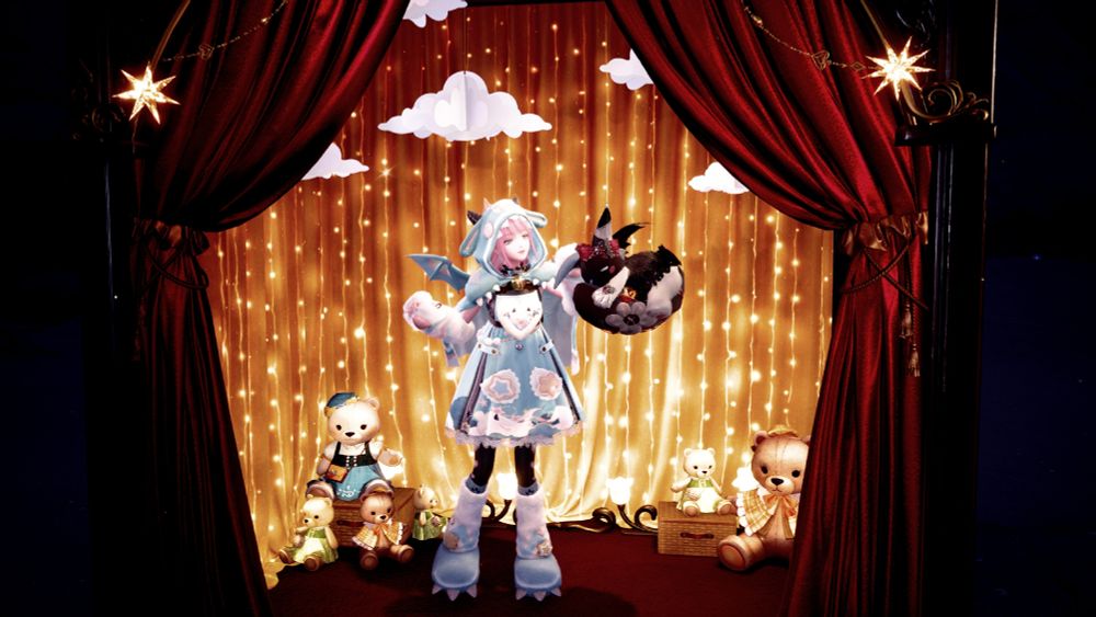 Screenshot of Infinity Nikki in the new battle companion outfit that looks like a kigurumi dragon and very fluffy feeling. in a photo prop another player in Sea of Stars placed down.
