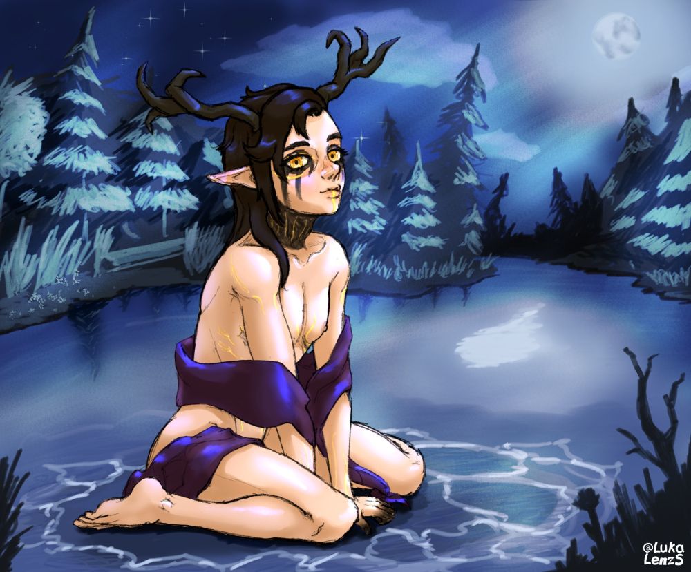 An illustration of Galindrel, a transmasc Fae with antlers like a deer’s. He looks gently toward the viewer, golden eyes calm, as he bathes in a serene, moonlit lake. Behind him, pine trees stretch into the distance under a sky full of stars and drifting clouds. 