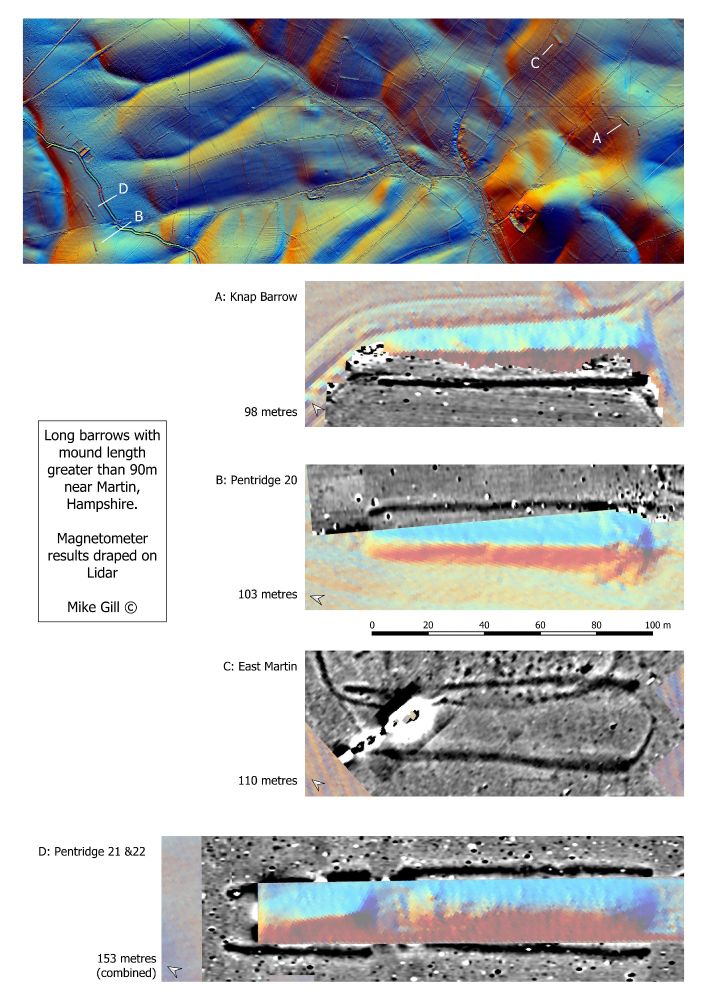 Magnetometer surveys of Neolithic long barrows near Martin. Results plotted on Lidar visualisations of the mounds.