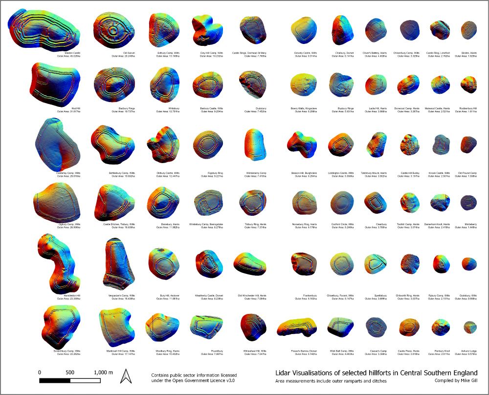 Picture of 66 Lidar snippets showing hillforts in central Southern England