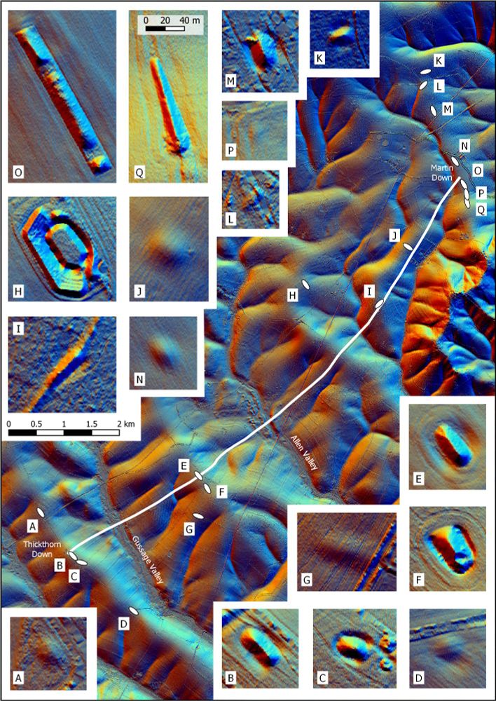 Lidar map of the Dorset Cursus with insets showing long barrow mounds