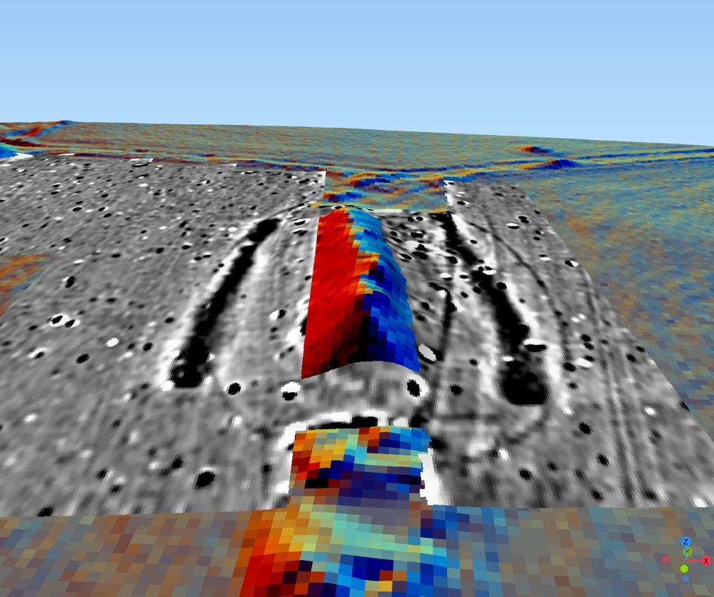 Geophysics results draped on a 3D plot of a long barrow