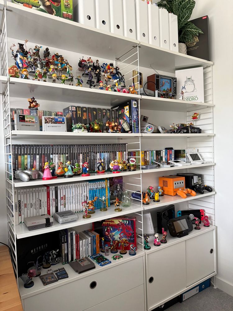 Photo shelving showing multiple Nintendo game systems and games 