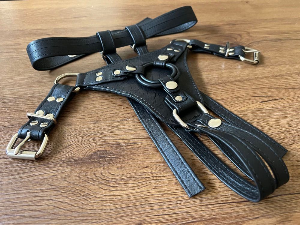 Side on photo of a black leather strap on harness with bright shiny silver hardware with two black rubber O rings set on a brown wooden background.