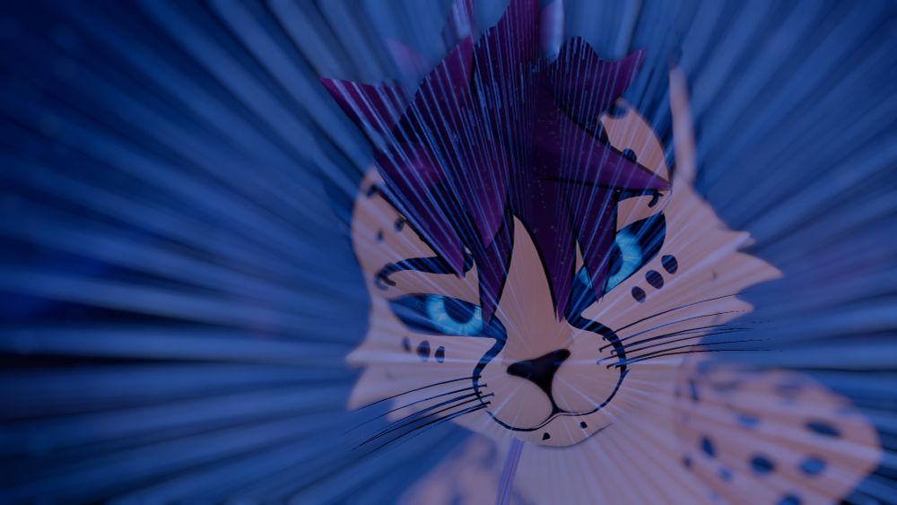Shallow focus close up of Winds, a cheetah with bright blue glowing eyes and purple tufted hair, framed by dynamic radial blue light streaks