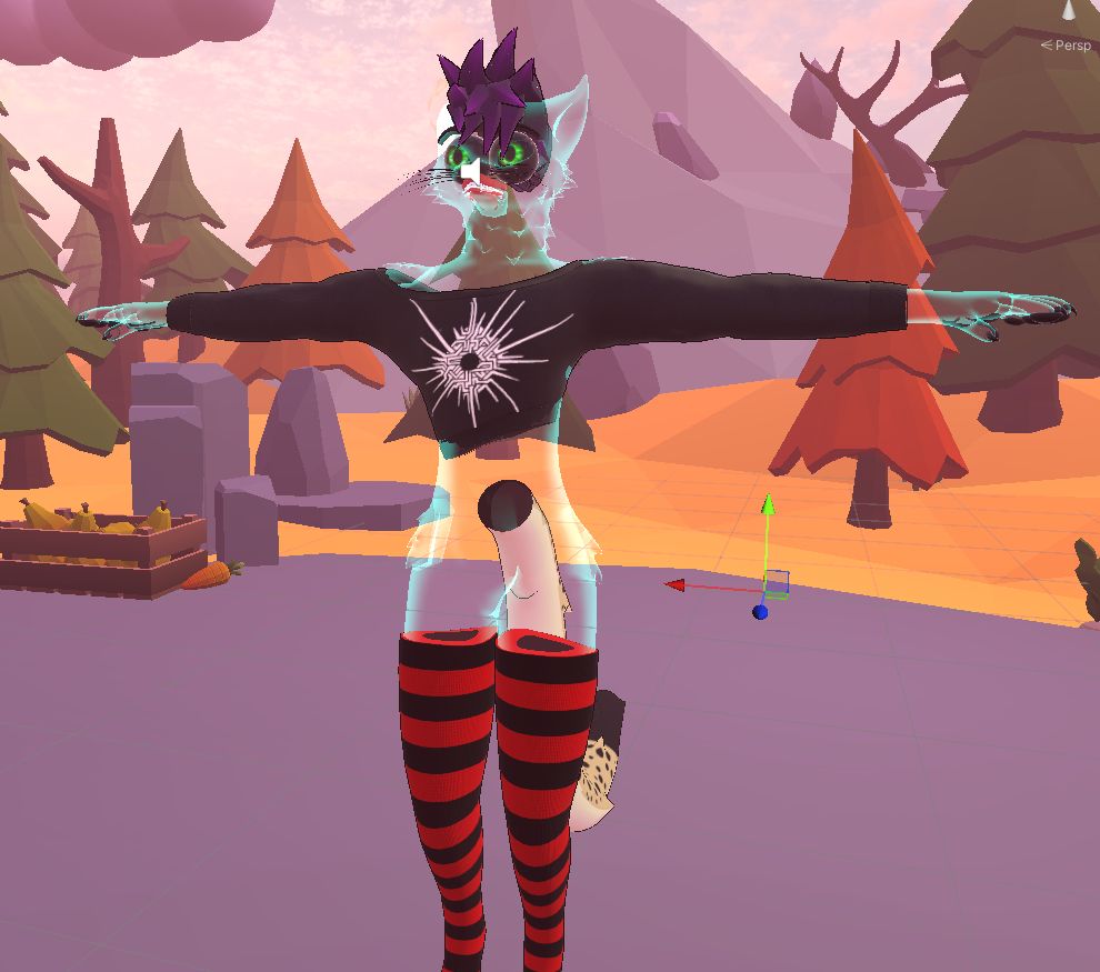 a vrchat avatar of a cheetah that had the body shader replaced with a rim light/fresnel material to make it look ghostly, but the eyeballs and the mouth are still solid, creating a horrific creature