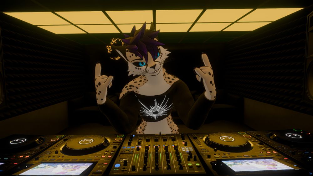 A cheetah with purple hair and glowing blue eyes DJs in a moody, yellow-lit room, posing confidently behind a turntable setup.
