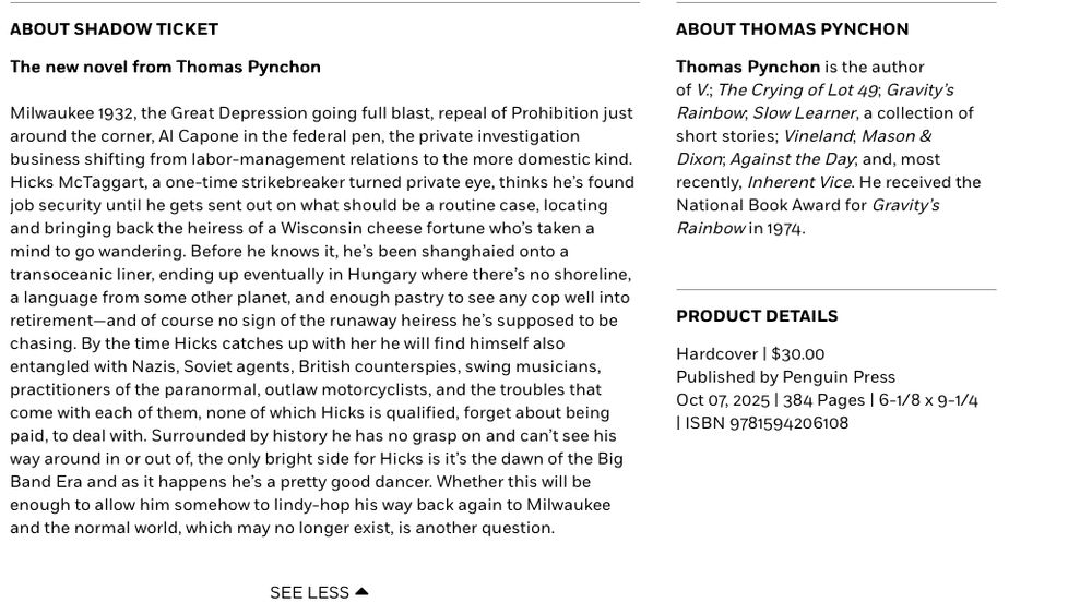 Description of Shadow Ticket, the new novel by Thomas Pynchon 