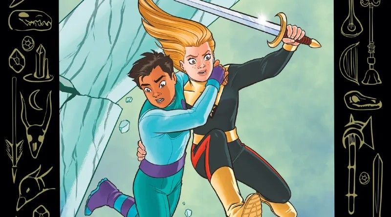Dale holding onto Flash Gordan who's wielding a sword on Bev Johnson's cover for FLASH GORDAN: THE GIRL FROM INFINITY