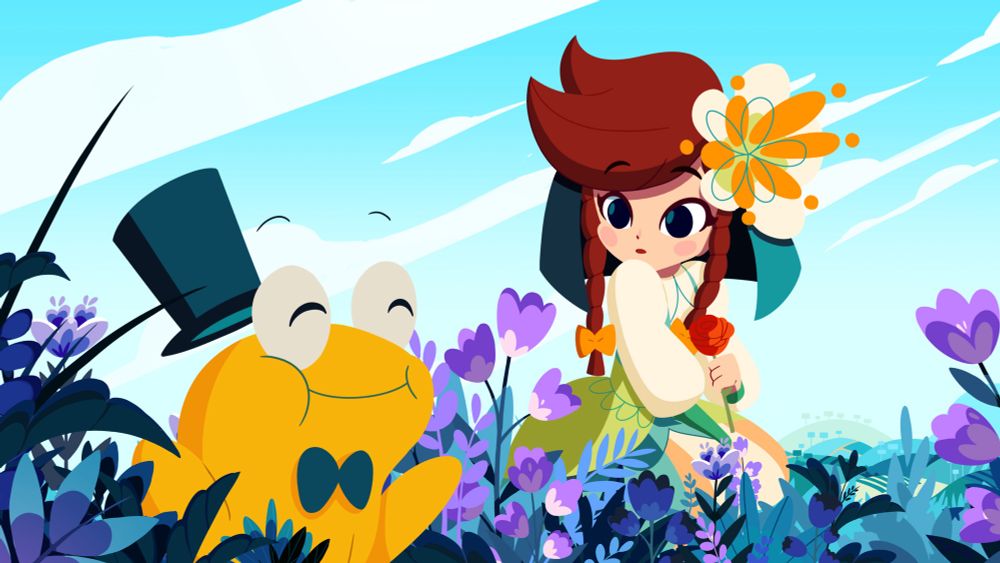 Sitting amongst & picking flowers, a young girl in a traditional Spanish dress & with a cartoonishly huge flower in her hair looks over at a silly orange frog with a little bowtie & top hat.