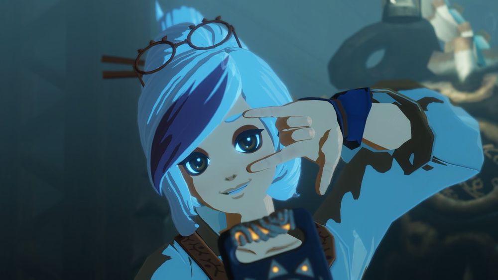 Despite the nervousness & insecurity, there was some pep to her step still. Here’s her pulling a signature pose she’d keep doing right up through Tears Of The Kingdom. Framing her eyes with her pinky and pointer finger, almost like a variation on the piece sign.