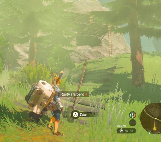 Tears Of The Kingdom screenshot focusing on a rusty halibard stuck into the ground to mark the path towards some very precarious & unsystemically built wooden scaffolding & ladders leading up the nearly cliffside, towards the Lanayru tower near Zora's Domain.

Just one of many communally marked & maintained structures for travel & shelter throughout the Hero Of The Wild's Hyrule.