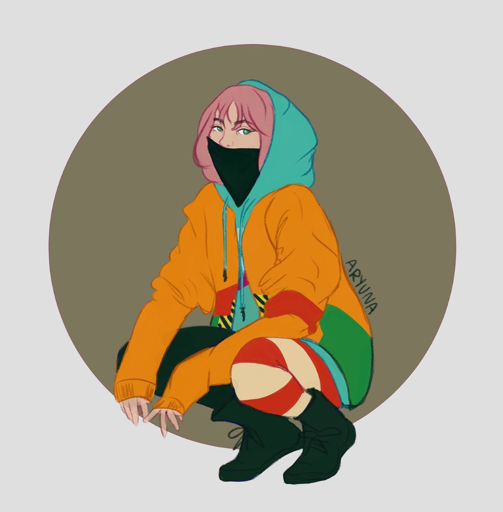 A character with pink hair and green eyes crouches, wearing an orange jacket over a teal hoodie, red-striped tights, and black boots. The mood is bold and edgy.