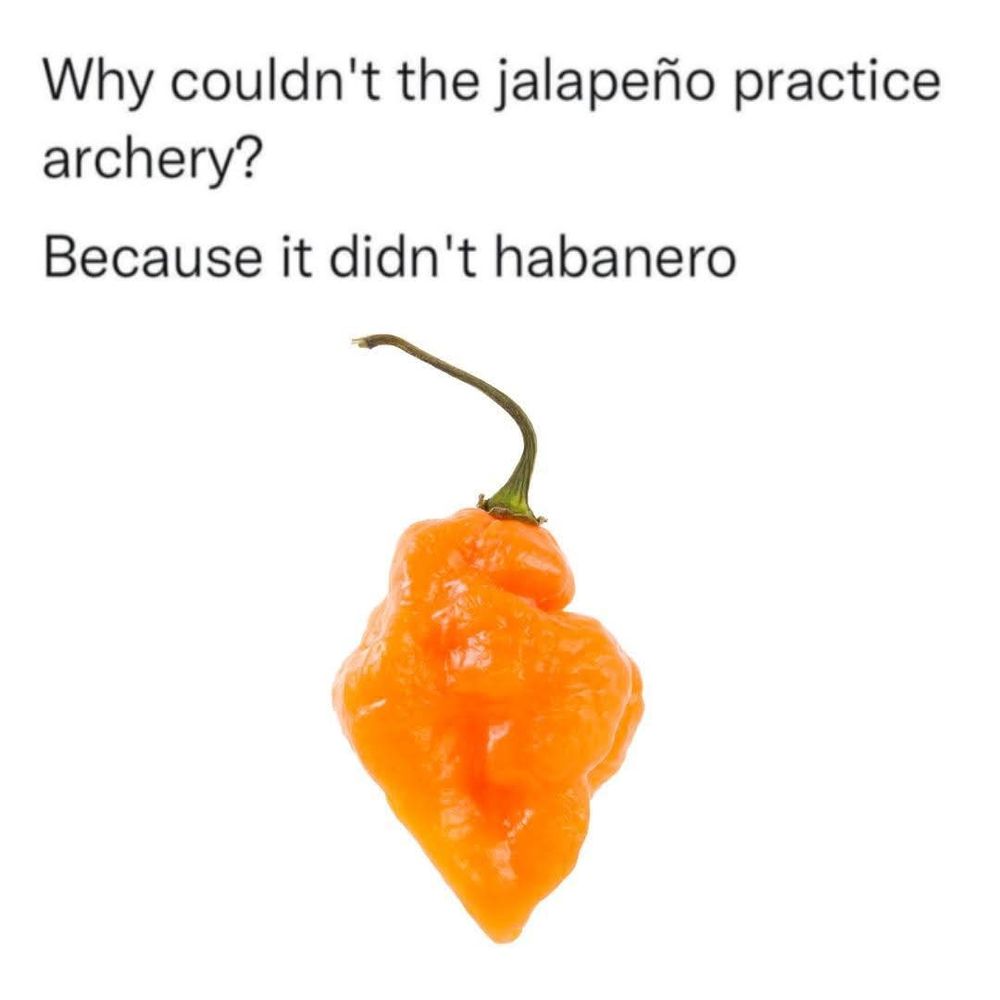A picture of a habanero pepper that says, "Why couldn't the jalapeno practice archery? Because it didn't habanero."