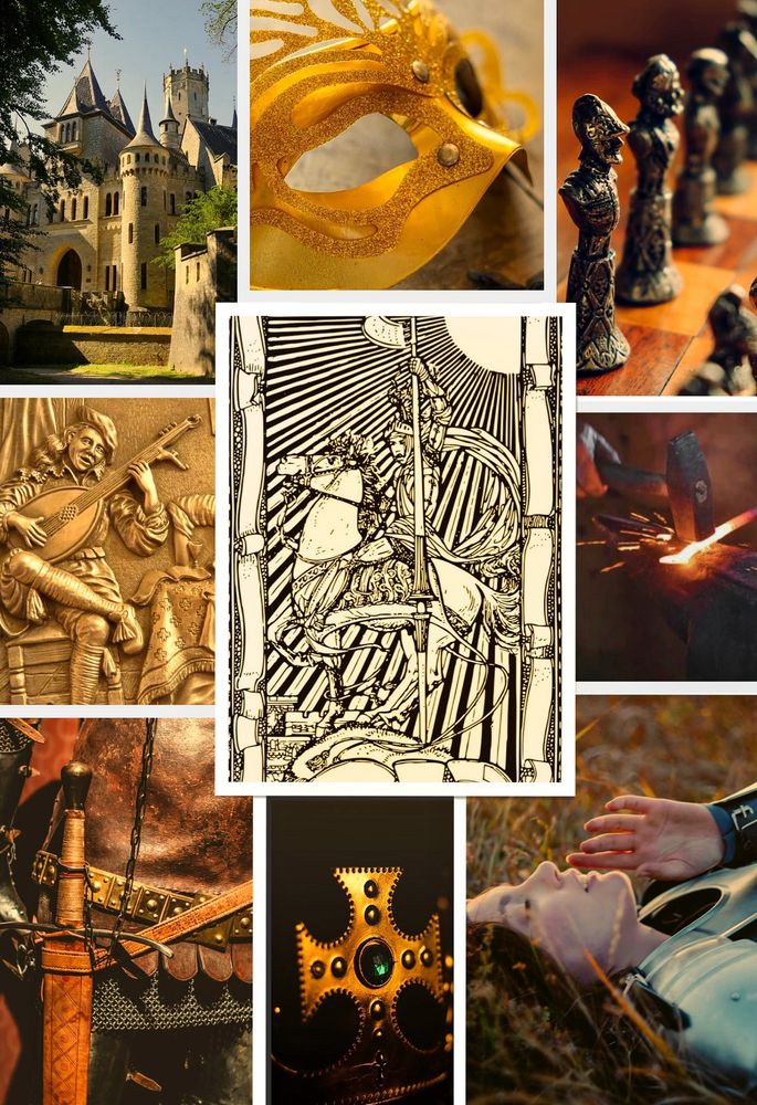 A mood board composed of nine images: a castle, a gold masquerade mask, a chess set, a carving of a minstrel strumming a lute, a drawing of a lady knight on a horse, a blacksmith hammering a red hot piece of iron on an anvil, a closeup of a knight’s hip showcasing a sword in a scabbard, a golden crown with a cross and emeralds, a photo of a girl in knight armor laying in a field. The images are from copyright-free sites Pixaby and Unsplash. 