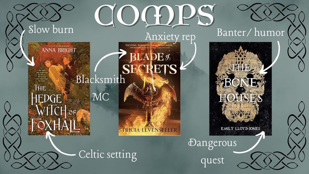 COMPS
The cover of The Hedgewitch of Foxhall with “Slow burn” and “Celtic setting” the cover of BLADE OF SECRETS with “Blacksmith MC” and “Anxiety Rep” and the cover of THE BONE HOUSES with “Banter/Humor” and “Dangerous quest”