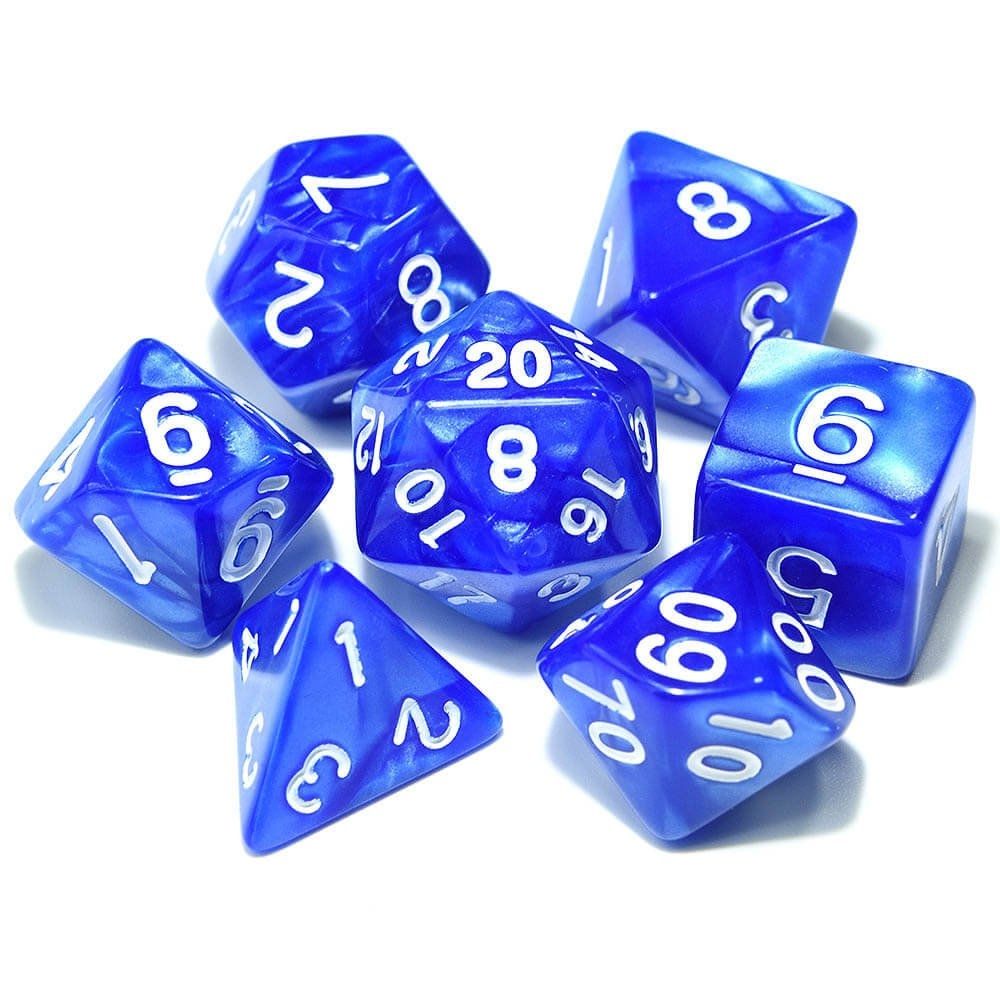Blue D&D dice with white text.