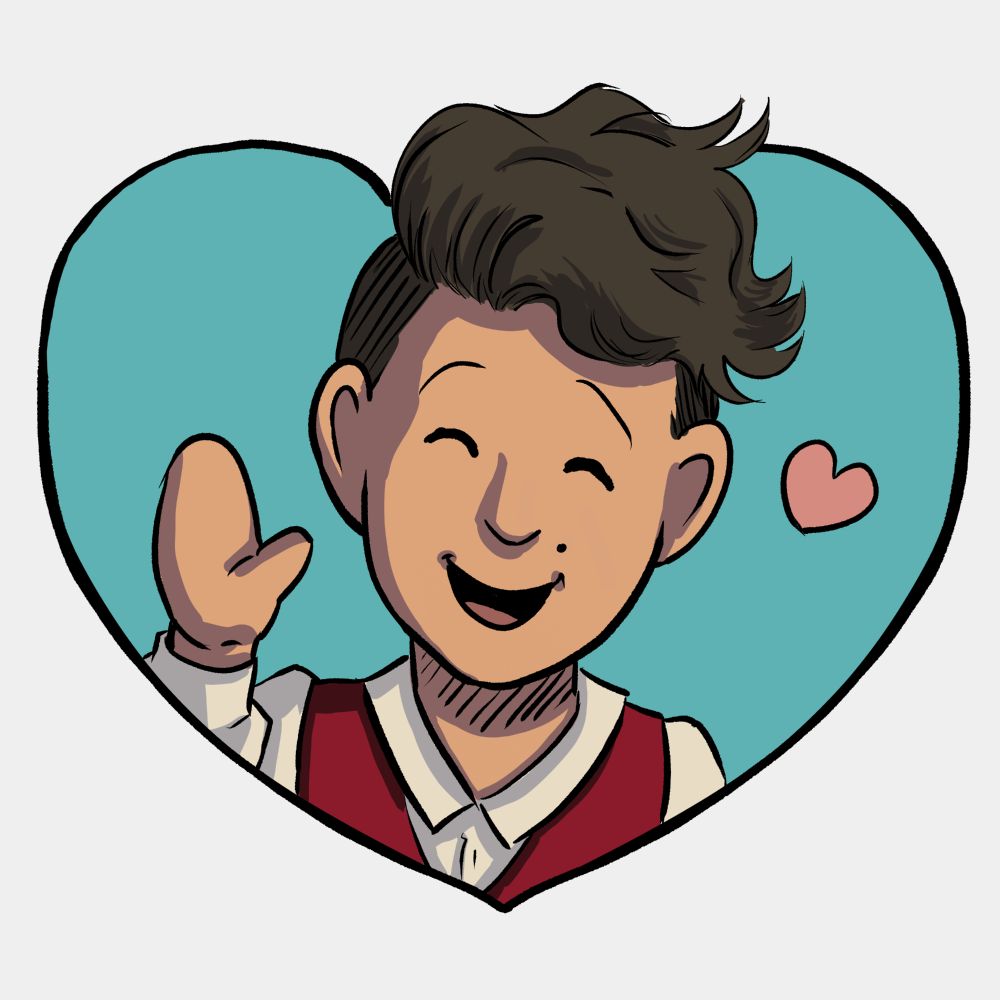 Cartoon of a person waving inside a heart-shaped frame.