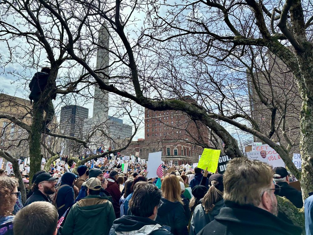 Another angle of the crowd, showing people climbing on top of the obelisk fountain in the middle of Niagara Square.