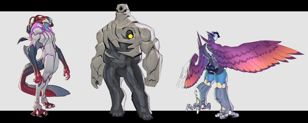 doodles of a tall alien fish woman, a stone and black ooze golem, and harpy man