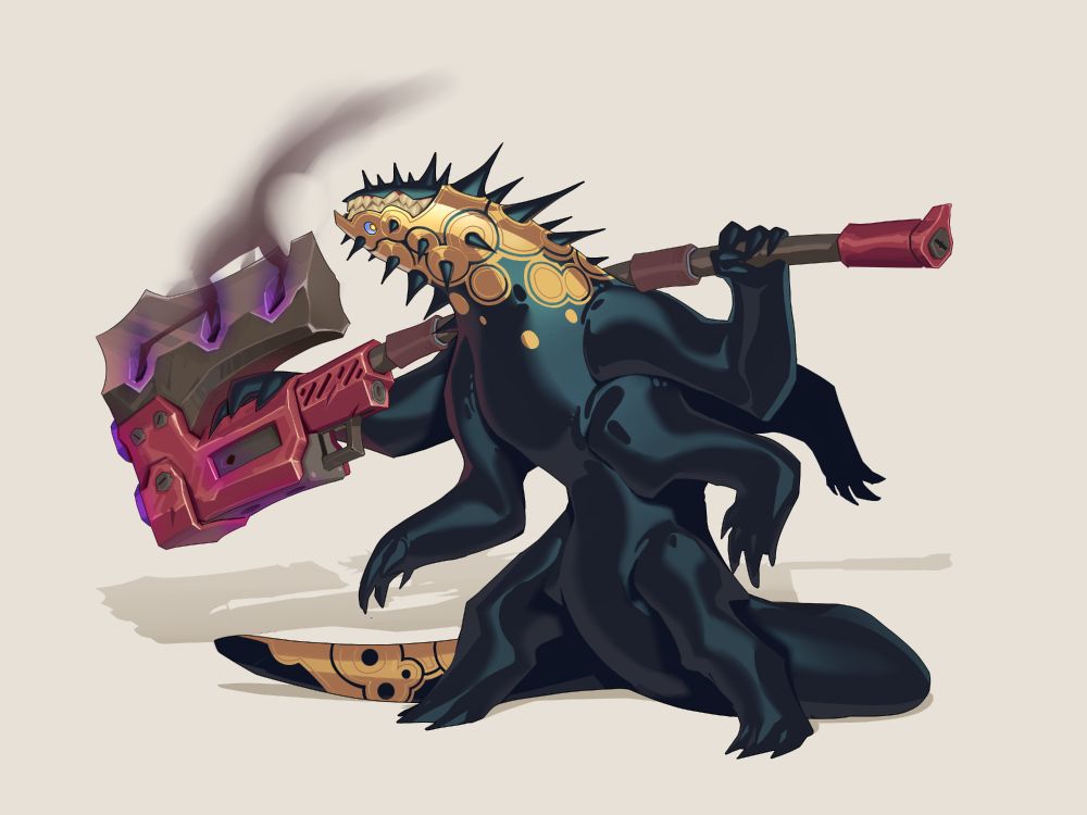 A black oily lizard ooze alien with round gold trip and spikes. Weilds a red axe with smoking vents