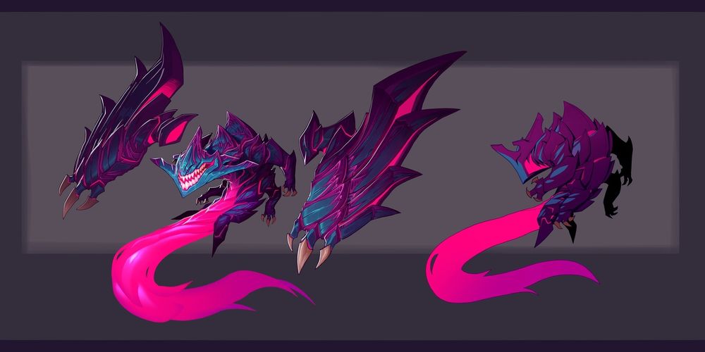 An otherworldly dragon with wing arms that float independently of its body, a fleshy tendril tail, and a wide flat head.