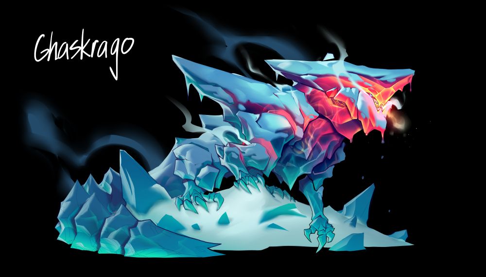 Ghaskrago, a lava beast that lives and hibernates in frigid mountains to freeze itself over as a means of maintaining its intense body heat 