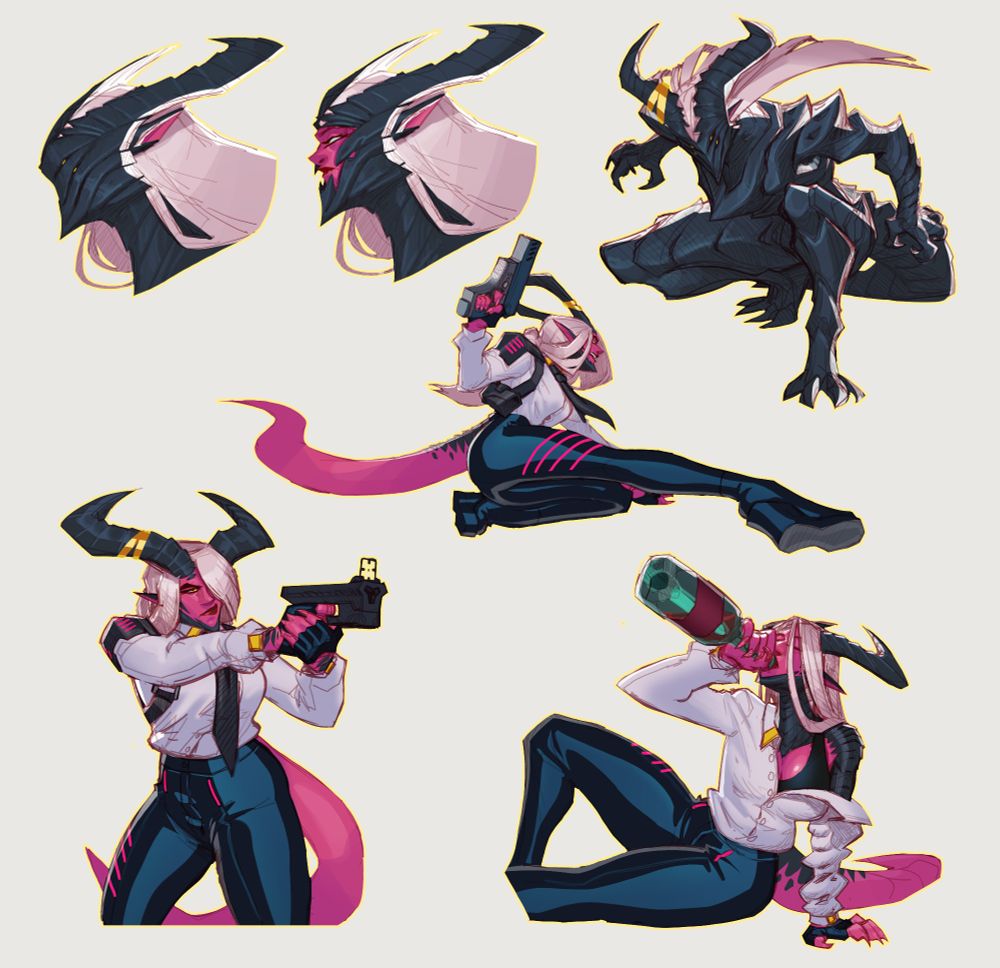 pose sketches of Ira, a demon woman from my personal project Bounty.
She's a red skinned demon with white hair in a suit. And her armored form.