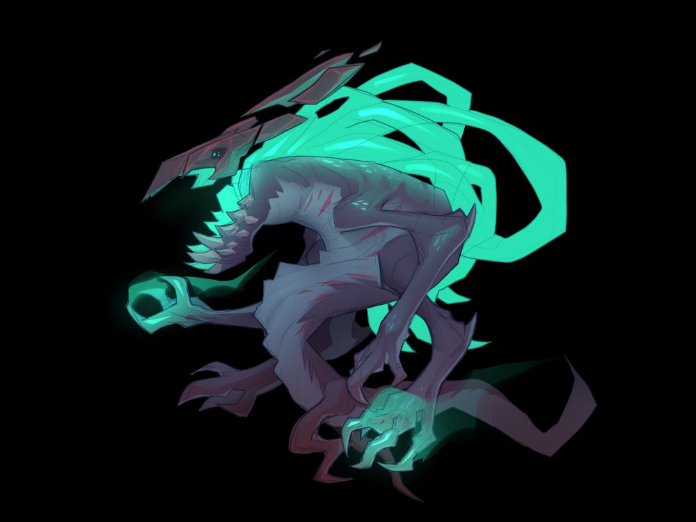 colored sketch of a serpentine creature with 4 arms and small shriveled legs. No top side of its head with a floating mask acting as a the face. Glowing tendrils emit from what would have been a head.